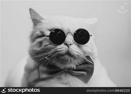 Black and white portrait of furry cat in fashion sunglasses. Luxurious domestic isolated kitty in glasses poses like model. High quality. Black and white portrait of furry cat in fashion sunglasses. Luxurious domestic 