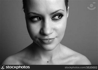 Black and white portrait of young pretty woman