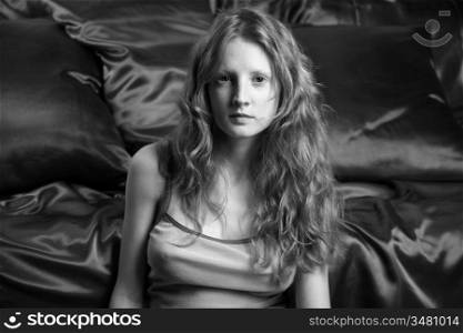 Black and white portrait young pretty woman