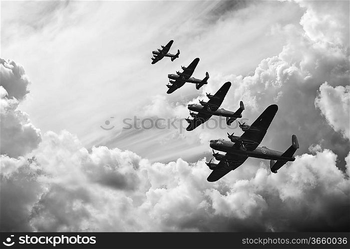 Black and white retro image of Lancaster bombers from Battle of Britain in World War Two