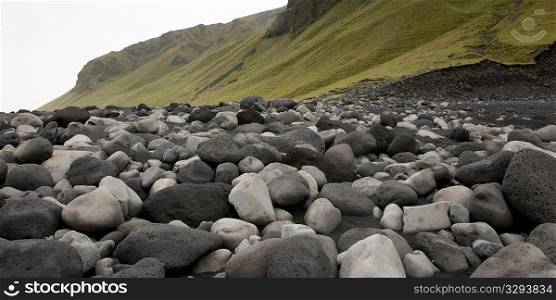 Black and white rocks on the beach, next to grassy slope