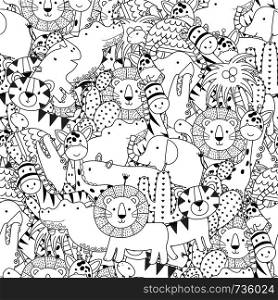 Black and white seamless pattern with adorable safari animals. Coloring page for adult and kids. Vector illustration
