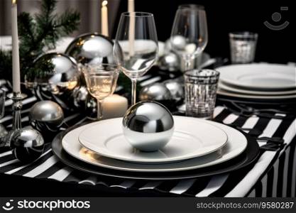 Black and white serving of a festive dining table with round elements. Black and white serving of the festive dining table