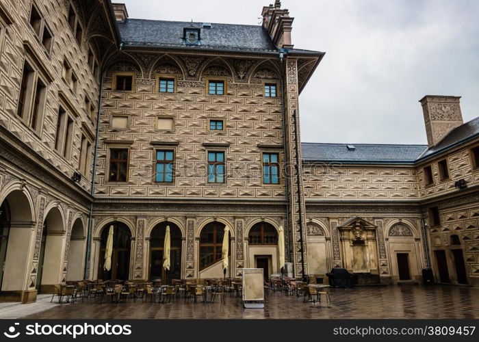 black-and-white sgraffito decorations on the walls of Schwarzenberg palace, renaissance building in Prague