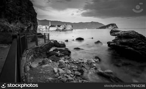 Black and white shot of sea shore at early morning with long exposure