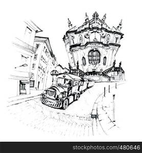 Black and white sketch of tourist train against the background of Facade of the Clerigos Church, Porto, Portugal. Clerigos Church, Porto, Portugal