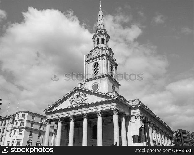 Black and white St Martin church in London. Church of Saint Martin in the Fields in Trafalgar Square in London, UK in black and white
