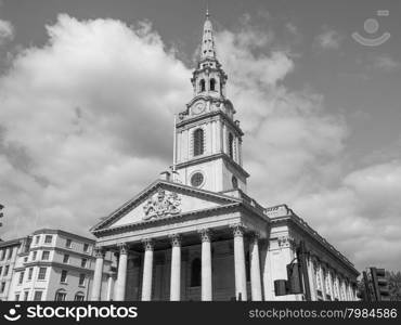 Black and white St Martin church in London. Church of Saint Martin in the Fields in Trafalgar Square in London, UK in black and white