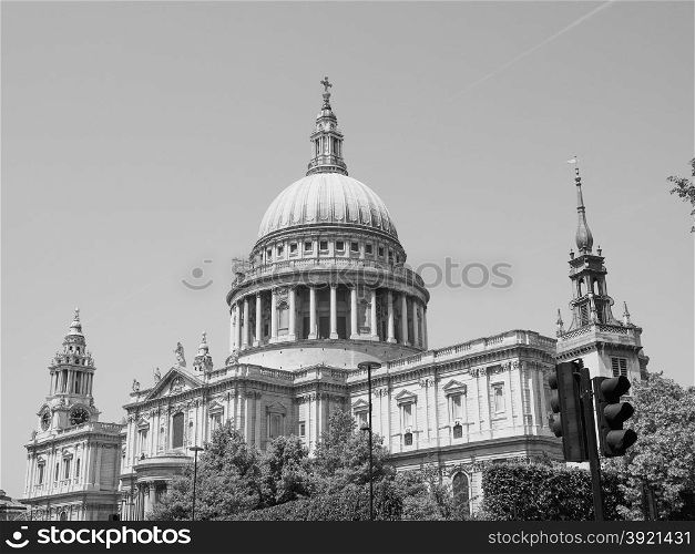 Black and white St Paul Cathedral in London. St Paul Cathedral church in London, UK in black and white