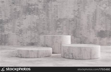 Black and white stone pattern triple product stage podium for presentation mockup template. Showroom and abstract interior concept. Geometry exhibition stage mockup concept. 3D illustration rendering