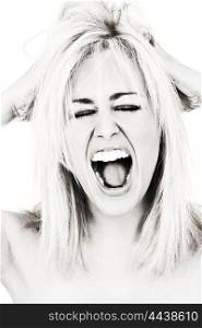Black and white studio photograph of a beautiful young woman screaming and shouting loudly.
