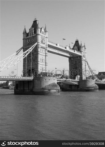Black and white Tower Bridge in London. Tower Bridge on River Thames in London, UK in black and white
