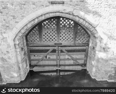 Black and white Tower of London. Traitors Gate at the Tower of London in black and white