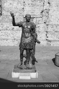Black and white Trajan statue in London. Ancient Roman statue of Emperor Trajan in London, UK in black and white