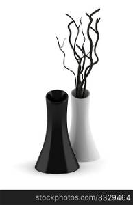 black and white vases with dry wood isolated