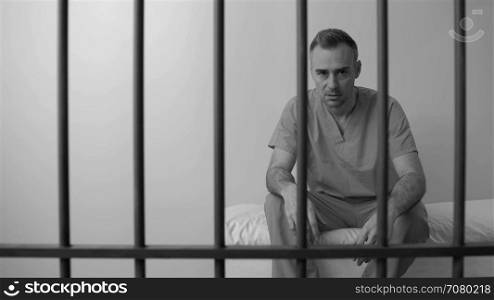 Black and white view of fuming inmate in prison stares down camera