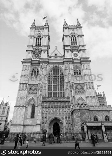 Black and white Westminster Abbey in London. Westminster Abbey church in London, UK in black and white