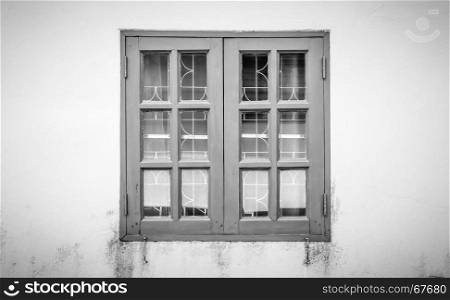 Black and white windows frame on grunge or dust background. Classic windows frame. Monochrome windows frame for design. Windows frame cinematic background