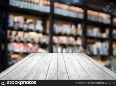 Black and white wooden with coffee shop blurred background with bokeh, stock photo