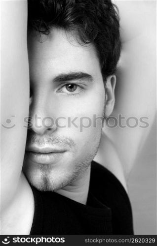 black and white young man face portrait looking camera
