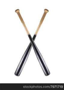 Black and wooden baseball bats crossed, isolated over white