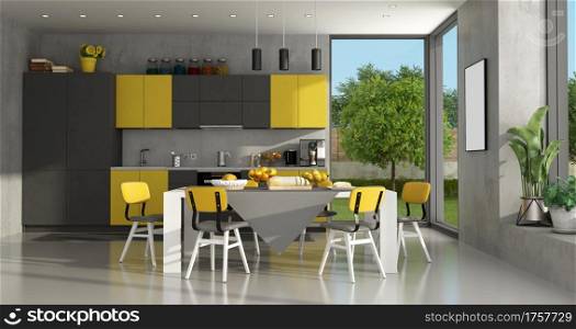 Black and yellow modern kitchen with dining table - 3d rendering. Black and yellow modern kitchen