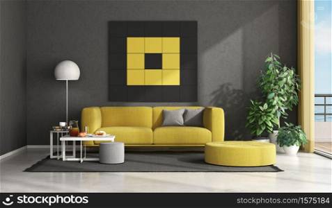 Black and yellow modern living room with sofa,footstool and coffee table - 3d rendering. Black and yellow modern living room