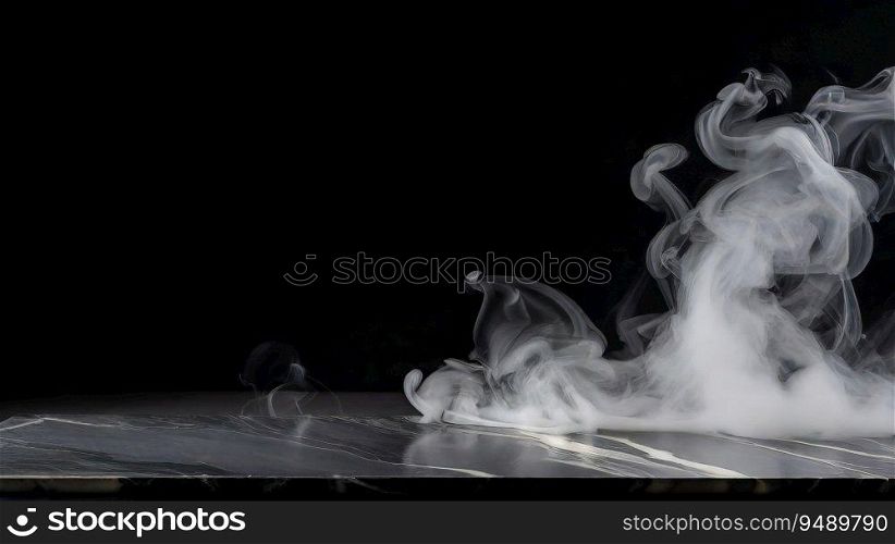Black backdrop with a white smoke of a black marble table top. Generative AI.