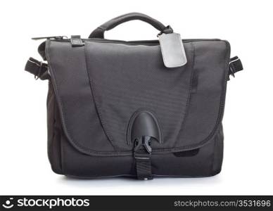 black bag for photo accessories, white background