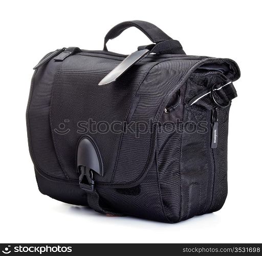 black bag for photo accessories, white background