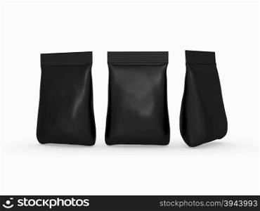 Black bag packet with clipping path, Packaging or wrapper for sweet, snack, milk powder, coffee, salt, sugar, powder,detergent, seed, or cereal ready for your design or artwork&#xA;