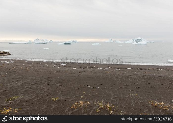 Black beach and icebergs. Black beach and icebergs on Disko Island in Greenland