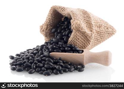 Black beans bag with wooden scoop on white background.