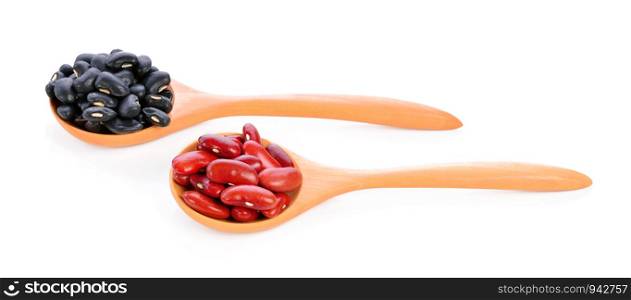 Black beans, Red beans in wooden spoon, white background