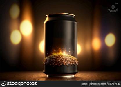 Black beer can on the stage with bokeh lights. Generated AI.. Black beer can on the stage with bokeh lights. Generated AI
