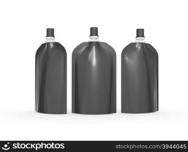 Black blank stand up bag packaging with spout lid, clipping path included. Plastic pack mock up for liquid product like fruit juice, milk , jelly, detergent, shampoo or shower cream, Ready for design and artwork