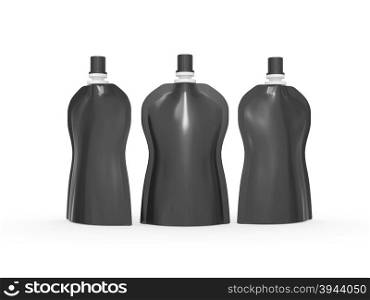 Black blank stand up curve bag packaging with spout lid, clipping path included. Plastic pack mock up for liquid product like fruit juice, milk , jelly, detergent, shampoo or shower cream, Ready for design and artwork