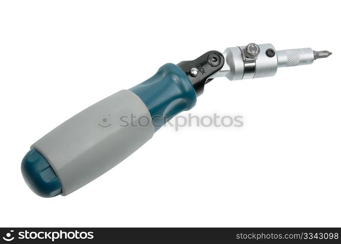 Black-blue single screwdriver. New condition. Close-up. Isolated on white background.