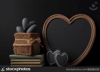 Black board in the shape of a heart With wooden frame, AI Generative