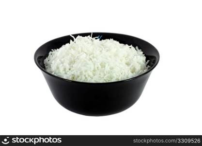 Black bowl full of coconut meal isolated on white