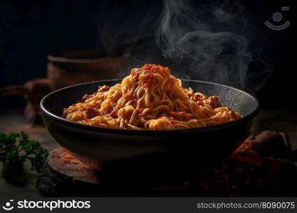 Black bowl with chinese noodles Jiangsu cuisine. Neural network AI generated art. Black bowl with chinese noodles Jiangsu cuisine. Neural network AI generated