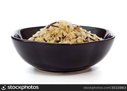 black bowl with rice isolated on white