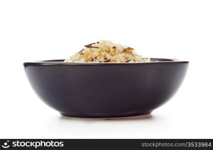 black bowl with rice isolated on white