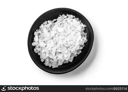 black bowl with salt isolated on white with clipping path