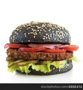 Black burger with beef meat cheese lettuce onion, tomato isolated on a white