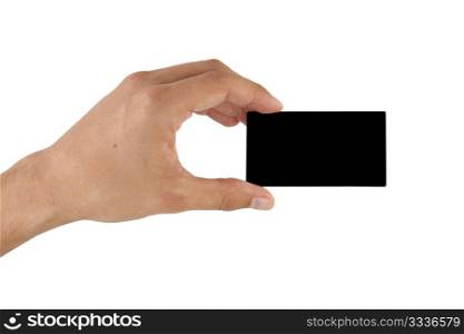 black business card in hand on white background