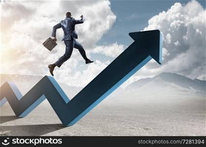 Black businessman running on blue zigzag increasing arrow on mountain and cloudy sky lanscape background. Black businessman running on blue zigzag increasing arrow