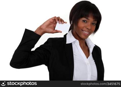 black businesswoman showing business card