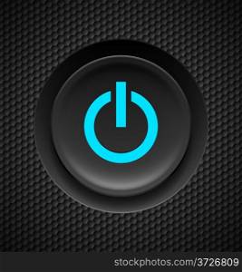 Black button with blue power sign on carbon background.