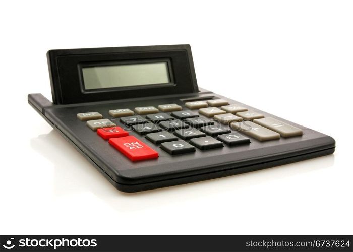 black calculator with reflection on white background